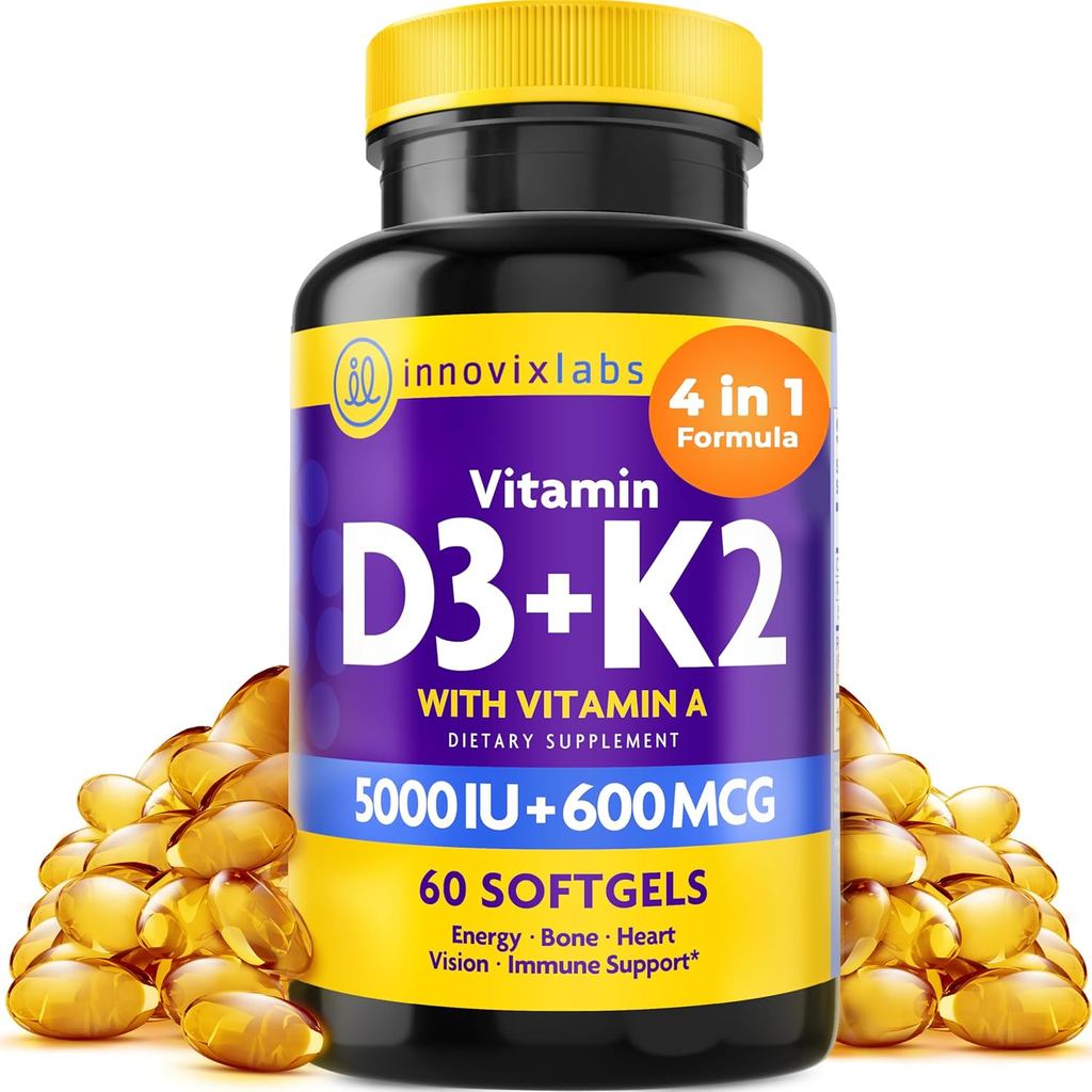 InnovixLabs Vitamin D3 K2-5000 IU Vitamin D3 Plus 600 mcg Vitamin K2 MK4 and MK7 for Max Calcium Abs