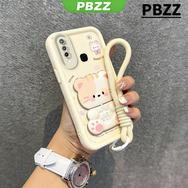 PBZZ PBZZ สําหรับ VIVO Y12 Y15 Y17 Y19 เคสโทรศัพท์ Softcase Cover ออกแบบใหม่ความงามน่ารักแมวแต่งหน้ากระจกผู้ถือและเชือกเส้นเล็กสําหรับชายสีดํา JTDTMZJ04