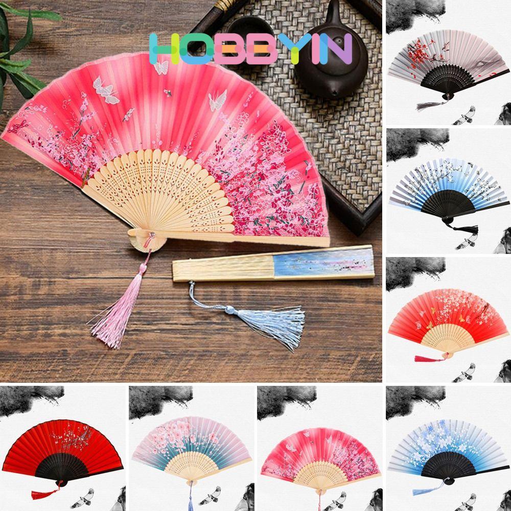 HOBBYIN พัดลมพับสไตล์วินเทจ, ผ้าไหมไม้ไผ่จีนพัดลมพับญี่ปุ่น, พู่ สง่างาม พัดลมหญิงที่มีสีสันพัดลมมือ Shank พัดลมเต้นรําคลาสสิกตกแต่งบ้าน