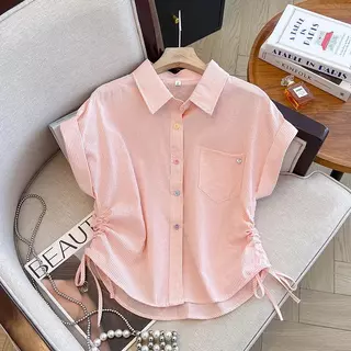 เสื้อเชิ้ตแขนพับกระดุมสีๆ ดีไซน์รุดข้างเก็บเอวทรงสวย แฟชั่นฤดูร้อนสไตล์เกาหลี ผ้าดีงานสวย แมตช์ง่าย-รุ่น99177