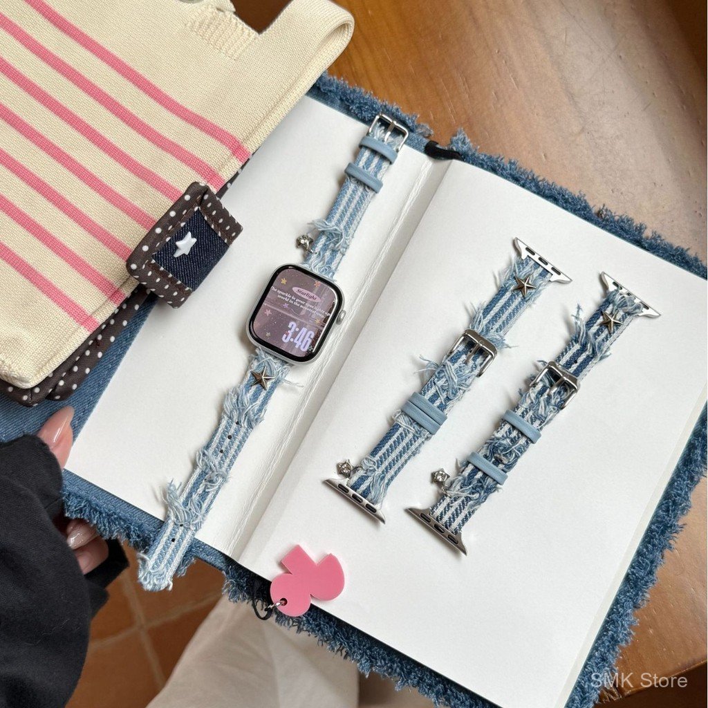 สายเดนิมลายทางพู่ดาวเหมาะสําหรับ Apple Watch iwatch11 Generation 10/987UltraSE