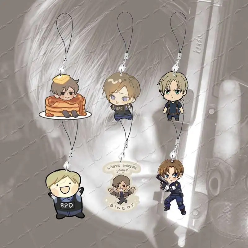 Leon Kennedy Resident Evil 4 พวงกุญแจเชือกคล้องโทรศัพท์อะคริลิค Chibi อุปกรณ์ตกแต่งกระเป๋า ของขวัญพัดลมเกม