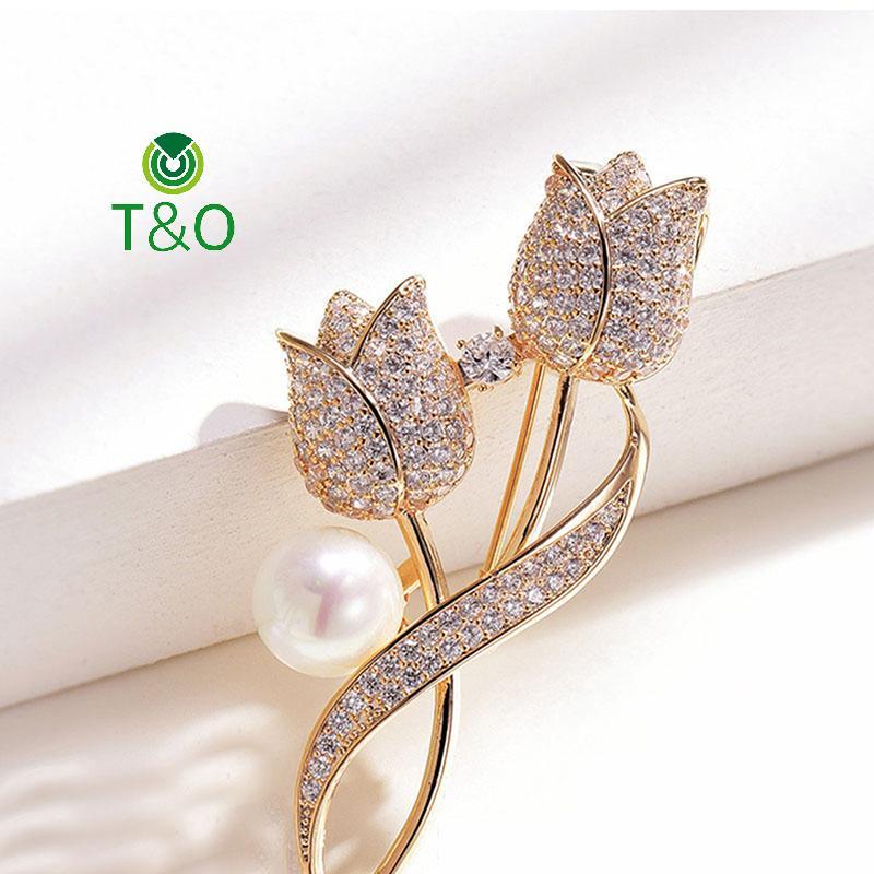 [T&OT] 1 ชิ้นเข็มกลัด Rhinestone Tulip เข็มกลัดดอกไม้ Anti-glare ชุดเข็มกลัดคอ Pin เครื่องประดับ [ให