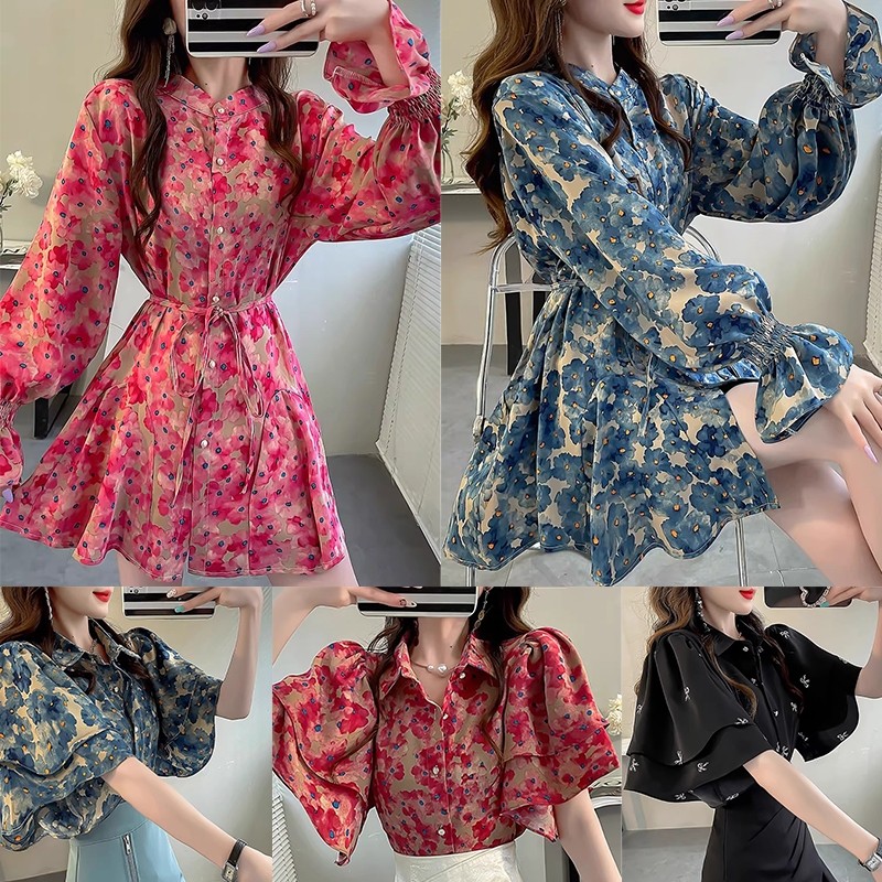 99033 เสื้อเบลาส์แขนสั้นผ้าชีฟองลายดอกไม้หวานพิมพ์ลายใหม่สำหรับผู้หญิง ดีไซน์หลวมและเข้ารูป เหมาะสำหรับฤดูร้อน