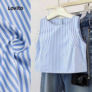 Lovito  เสื้อลําลองผู้หญิง สีฟ้าขาว กระดุมด้านบน สําหรับฤดูใ…