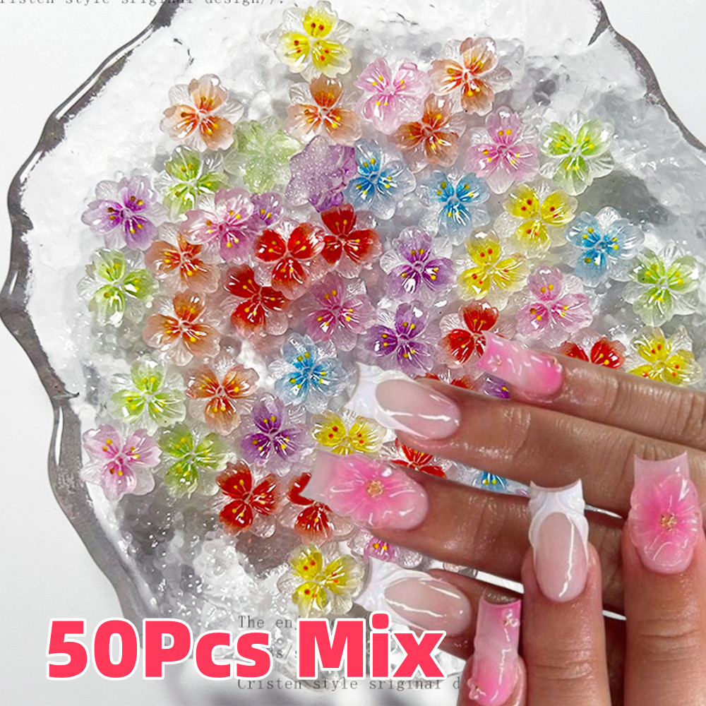 50 ชิ้น 3D ผสม Gradient Cherry Blossom เล็บ Charms 11 มิลลิเมตรห้ากลีบดอกไม้เล็บ Rhinestones DIY หัตถกรรมตกแต่งเล็บไม่มีกาว Provid