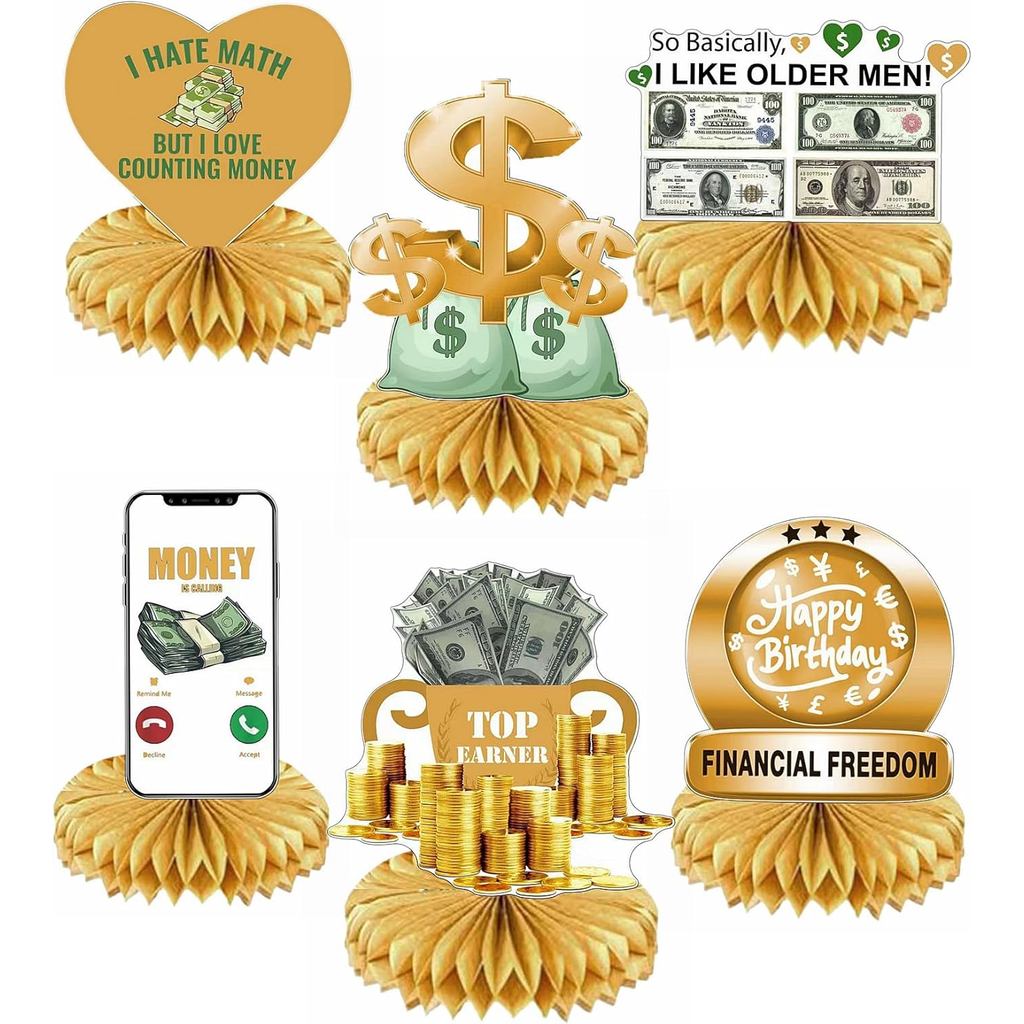 Hilius 6 ชิ้นเงินธีมวันเกิดรังผึ้ง Centerpieces Bill Dollar Party ตกแต่งตาราง Topper สําหรับวันเกิด 