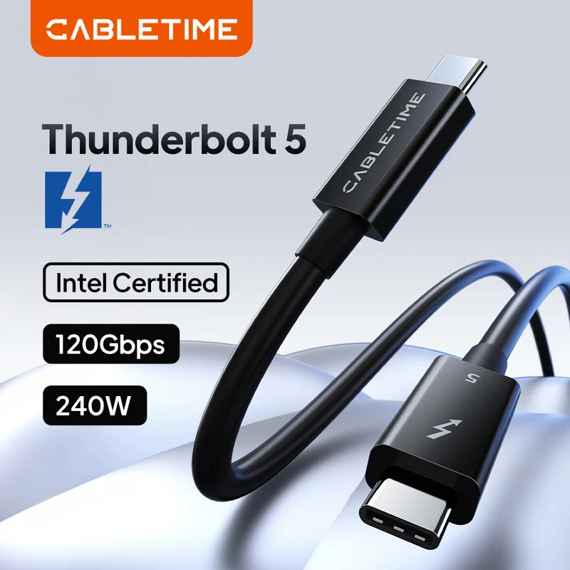 CABLETIME Thunderbolt 5 สาย 4K 540Hz 120Gbps 240W Intel ได้รับการรับรองสําหรับ Thunderbolt 5/4/3 อุป