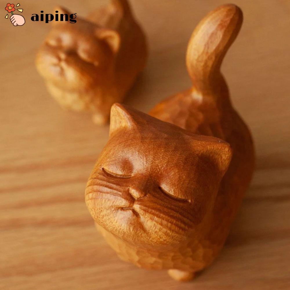ไอปิง เครื่องประดับแมวไม้, ไม้จิ๋วน่ารักไม้แกะสลักแมว, ของขวัญเครื่องประดับตั้งโต๊ะขนาดเล็ก สัตว์ของจิ๋ว