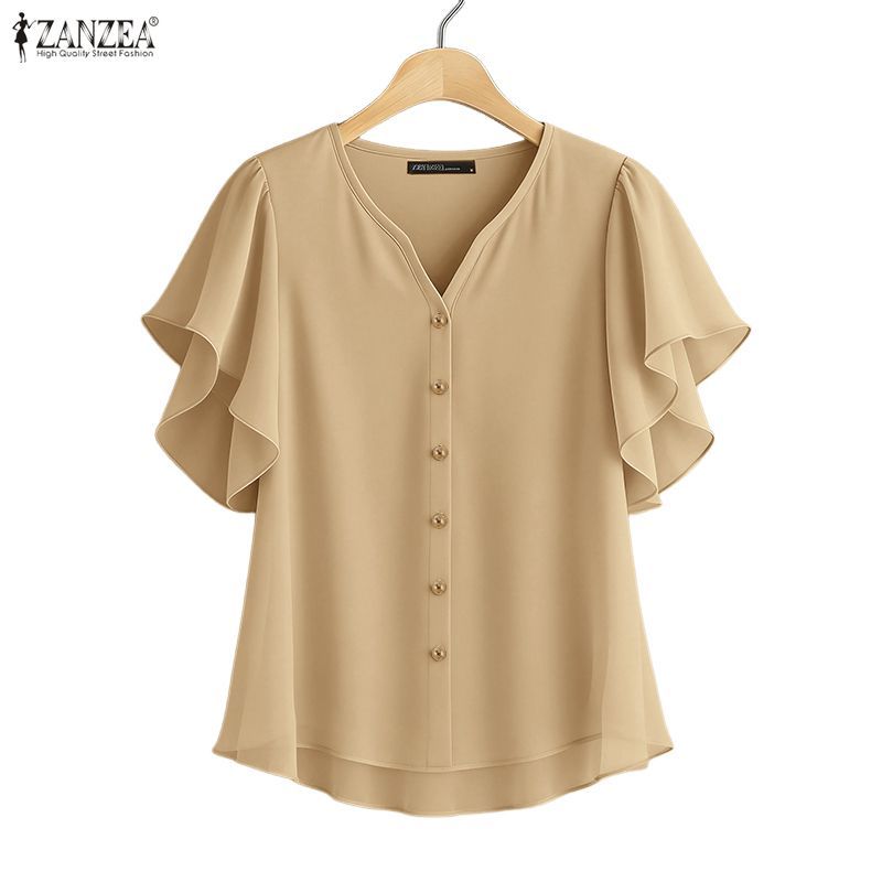 เสื้อเบลาส์แขนสั้นคอวีสไตล์เกาหลีสำหรับสตรี