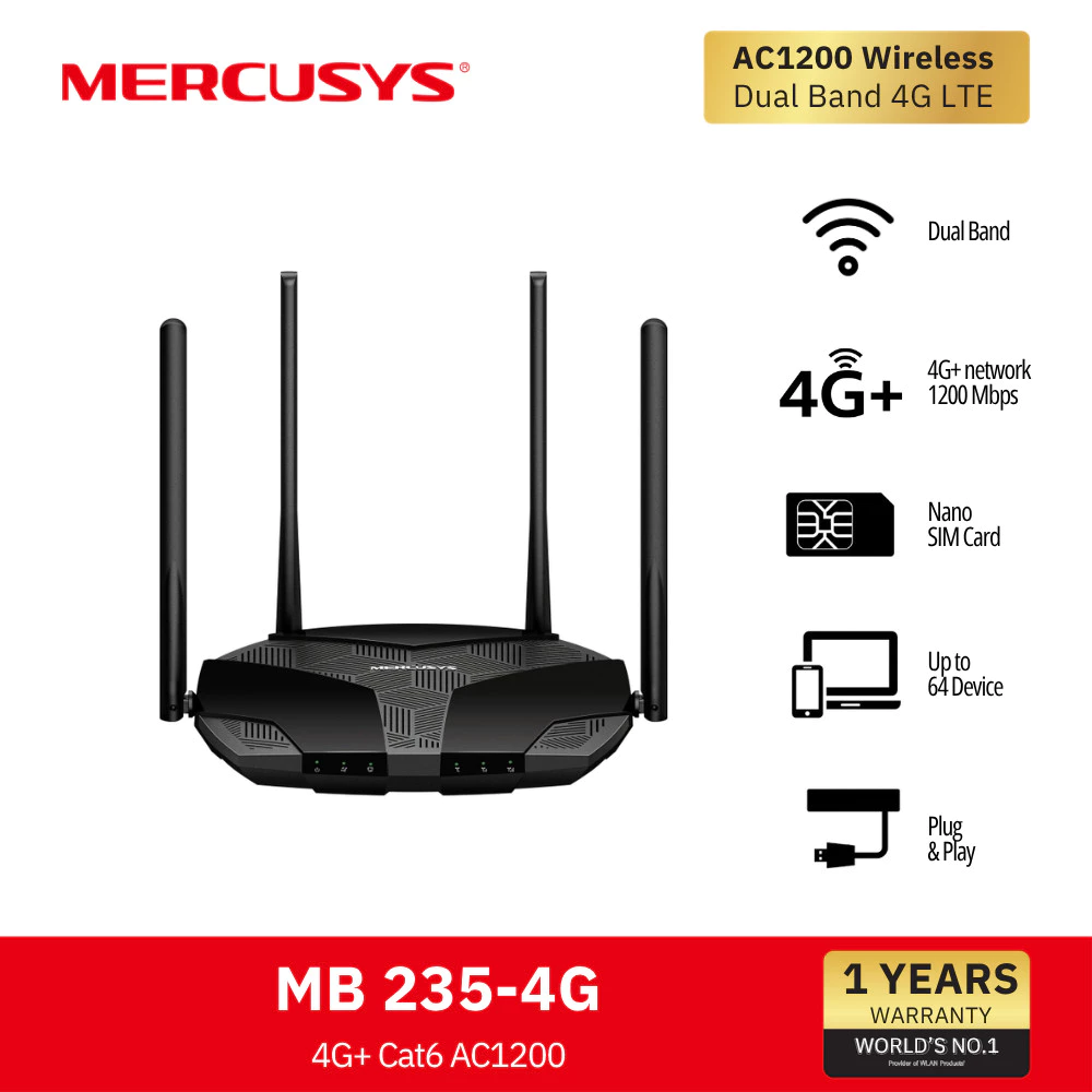 MERCUSYS MB235-4G 4G+ Cat6 AC1200 Wireless Dual Band Gigabit Router เราเตอร์ซิมการ์ด 4G+