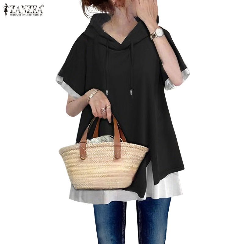 ZANZEA แจ็กเกตฮู้ดแขนครึ่ง สไตล์เกาหลี ออกแบบ Contrast Splicing สำหรับฤดูร้อน