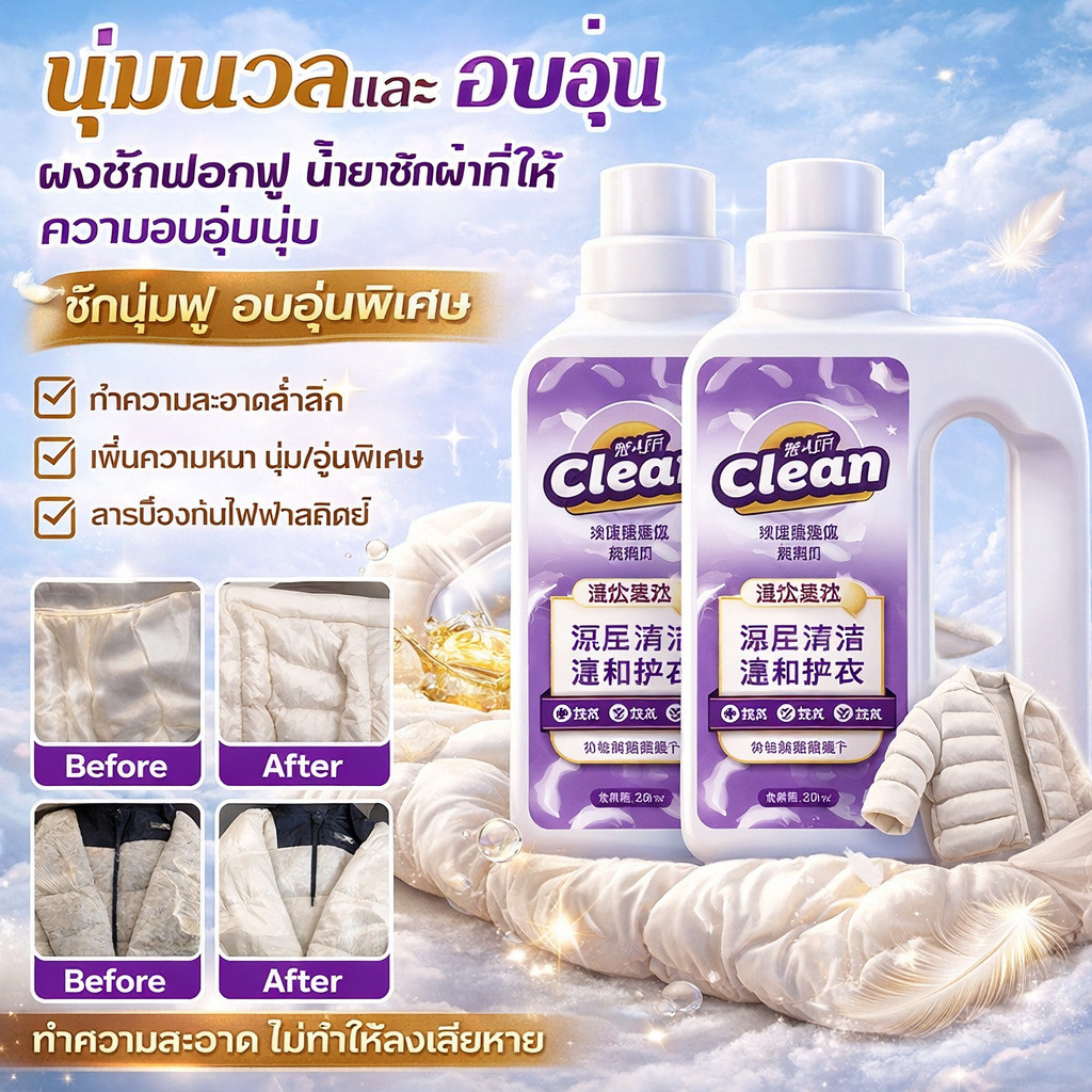 น้ำยาทําความสะอาดพิเศษสําหรับแจ็คเก็ตดาวน์/ละลายไขมันเกาะติดใน5นาที ป้องกันขนจับตัวเป็นก้อน/ซักแล้วนุ่มฟูไม่แฟบ