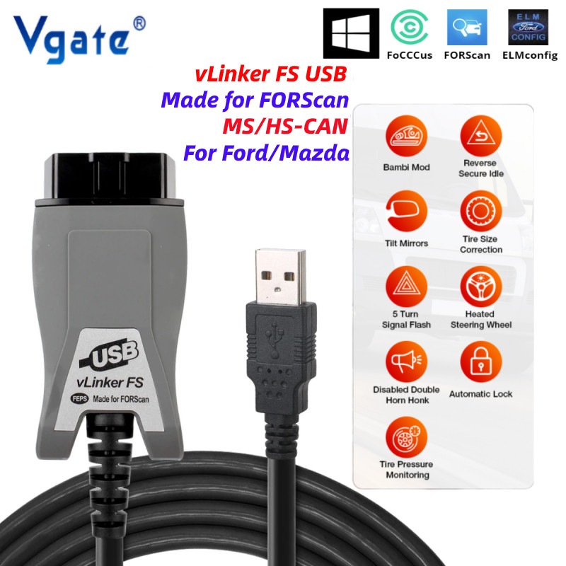 Vgate vLinker FS USB ELM327 เครื่องสแกนเนอร์สําหรับ Ford FORScan HS MS CAN ELM 327 OBD 2 OBD2 OBDII 