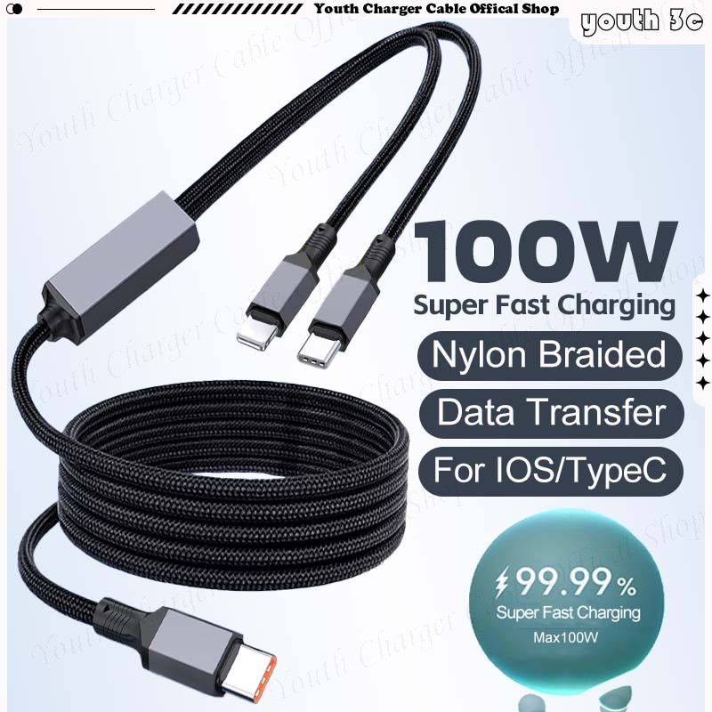 USB/Type C 1-TO-2 สายชาร์จโทรศัพท์ 100W Ultra Fast Charge Data Cable Anti-Burding ไนลอนทอสายชาร์จรถยนต์สําหรับ IOS/Type C