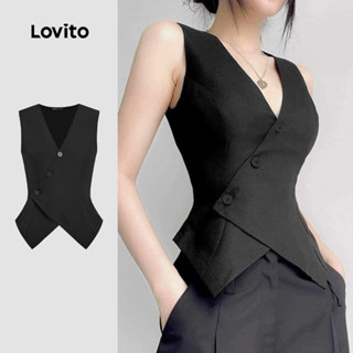 Lovito เสื้อกล้ามสีดําฤดูใบไม้ผลิฤดูร้อนอสมมาตรลําลองสําหรับ…