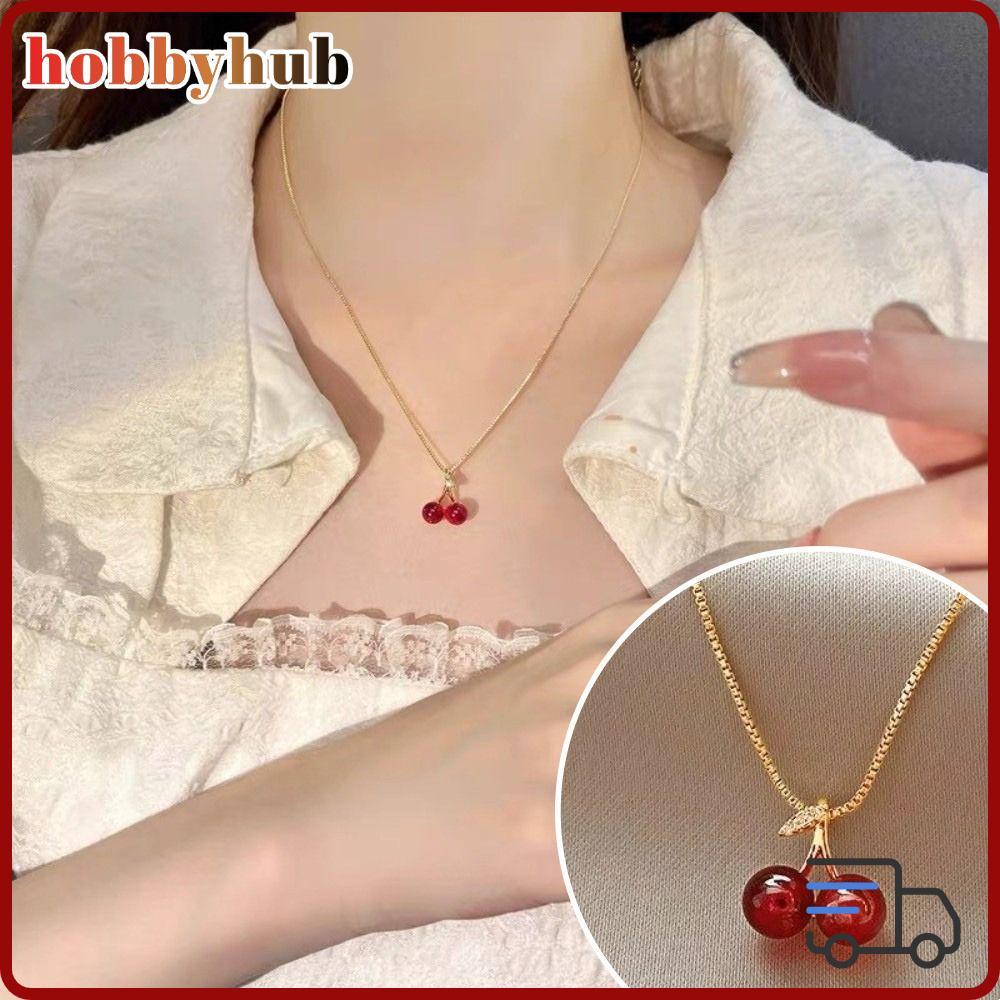 HOBBYHUB สร้อยคอจี้เชอร์รี่, สีแดงเชอร์รี่ Jewery อุปกรณ์เสริมสร้อยคอโซ่ผลไม้, น่ารักโกลเด้นสร้อยคอส