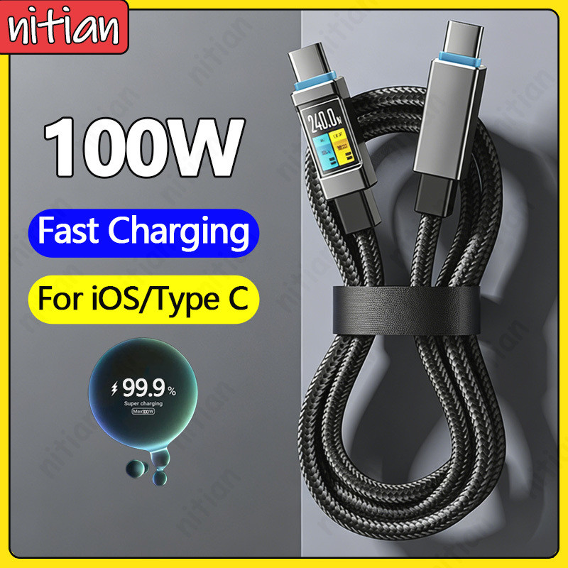 6A Quick Charge Car Charger สายไฟประเภท C ถึง Type C 100W สายชาร์จโทรศัพท์มือถือไนลอนถักข้อมูลสําหรับ IOS/Type C