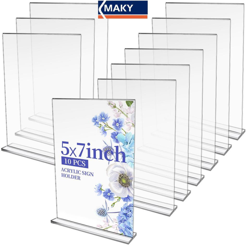 MAKY GANGBARU 10 Pa 5 X 7 นิ้วผู้ถือป้ายอะคริลิคใสสองด้านแนวตั้งขาตั้งจอแสดงผล T รูปร่าง Flyer เมนู 
