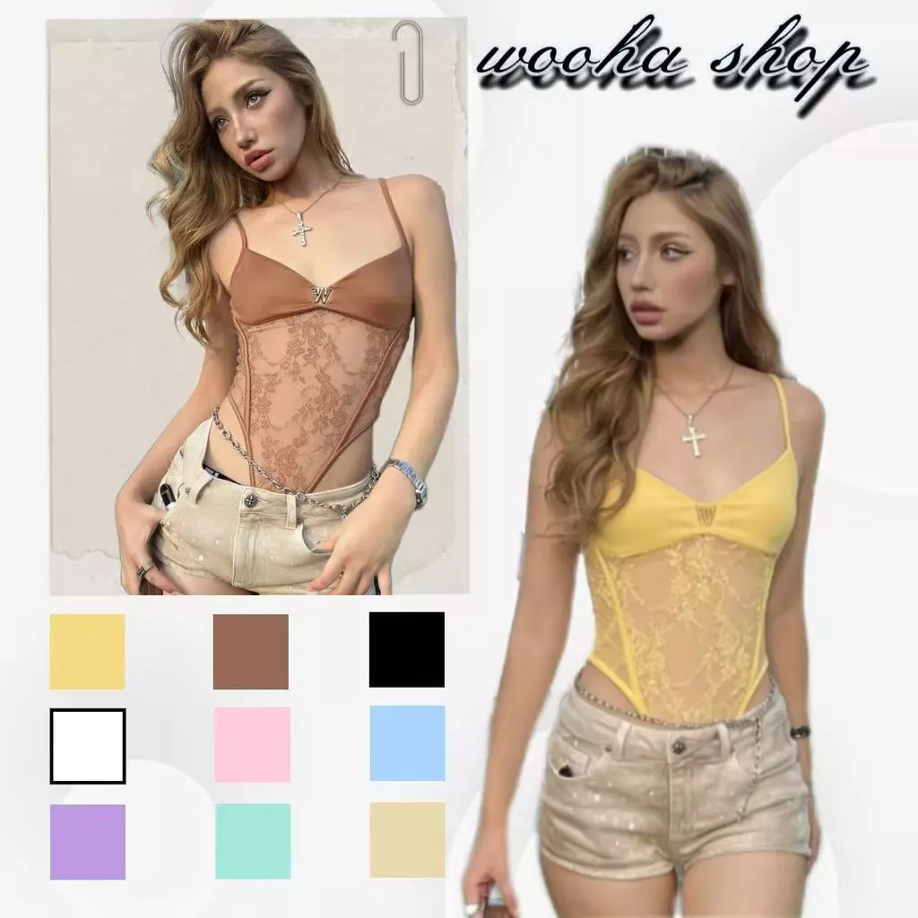 🥰wooha shop🥝บอดี้สูทสายคล้องคอแต่งลูกไม้สุดเซ็กซี่สำหรับผู้หญิง ทรงเข้ารูป เหมาะสำหรับใส่เป็นเสื้อตัวในหรือเสื้อกล้าม