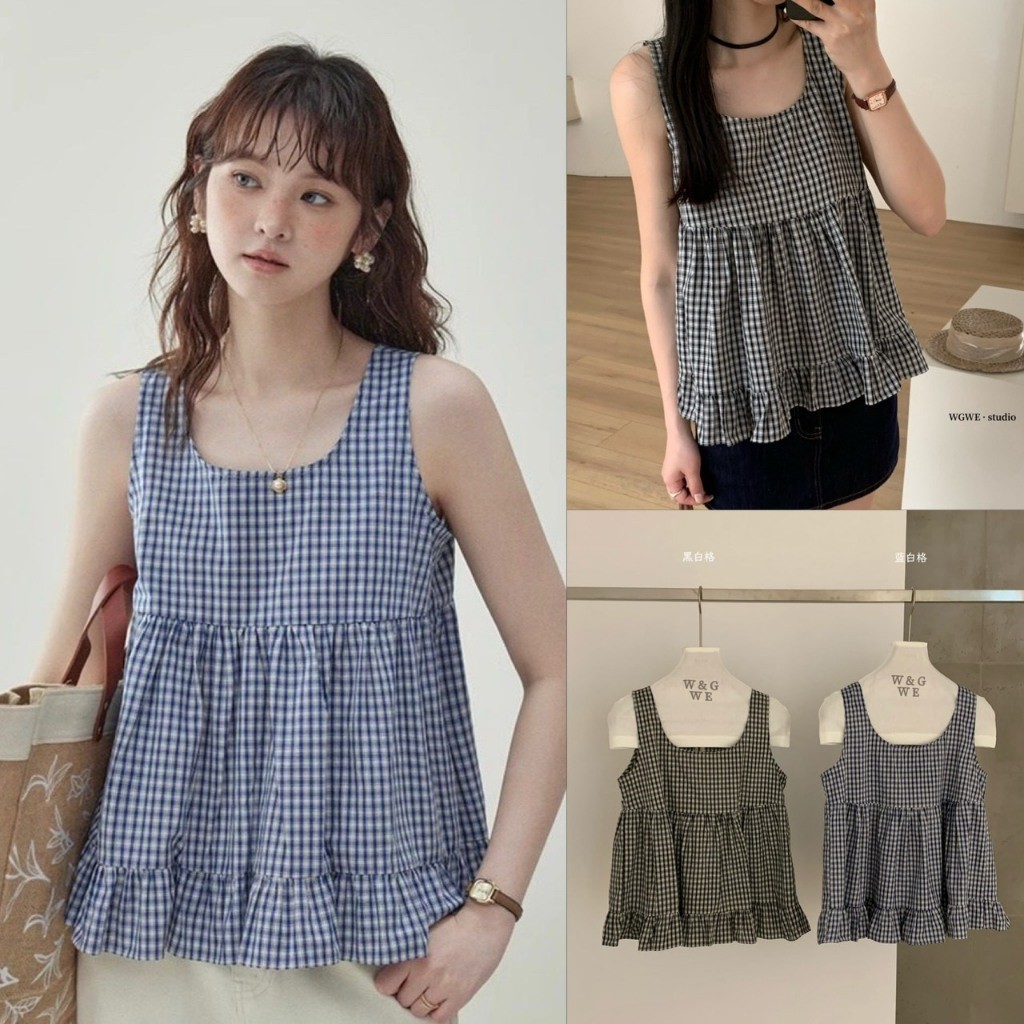 ❤ 🧵 🇰🇷 W9097 เสื้อแขนกุดลายตาราง คอกว้าง แต่งชายระบาย ทรงสวย รีดง่าย ผ้าดี สีแมทซ์ง่ายค่า แฟชั่นเกาหลี TAG WG.WE 🧵🧡