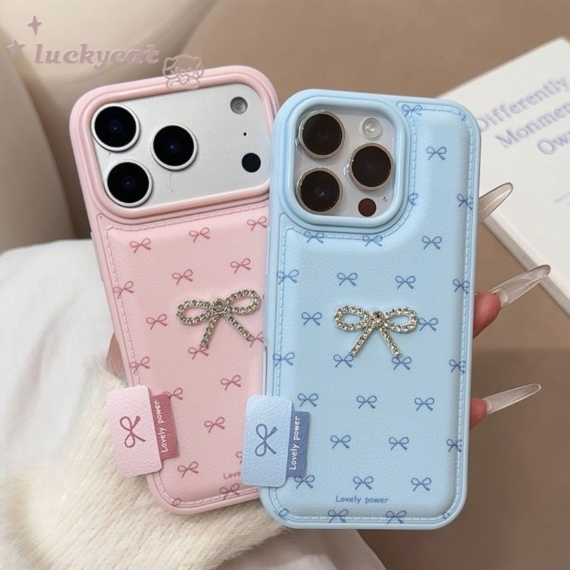 3D DIY Insเพชรโบว์หนังเคสโทรศัพท์สําหรับiPhone 17 16 15 14 13 12 11 Pro Max X Xr Xs Max 7 8 Plus SE2020