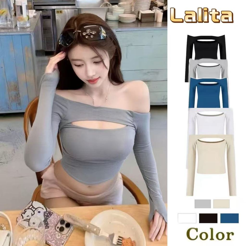 พร้อมส่งในไทย เสื้อยืดปาดไหล่ แขนยาว ทรงสลิมฟิต สไตล์หวานเซ็กซี่ ผ้ายืด ใส่สบาย มี 5สี Lalita