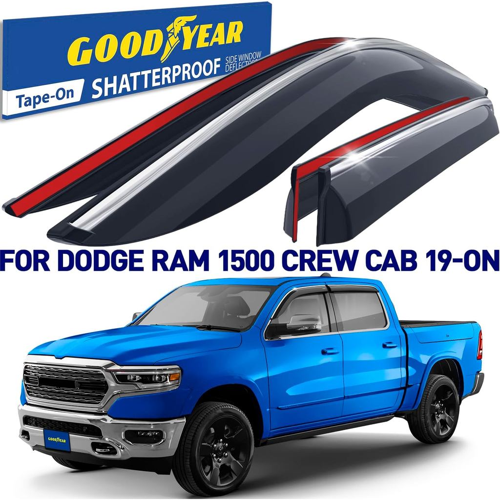 Goodyear Chrome Trim หน้าต่าง Deflectors สําหรับ Dodge Ram 1500 2019-2026 Crew Cab, Shatterproof เทป