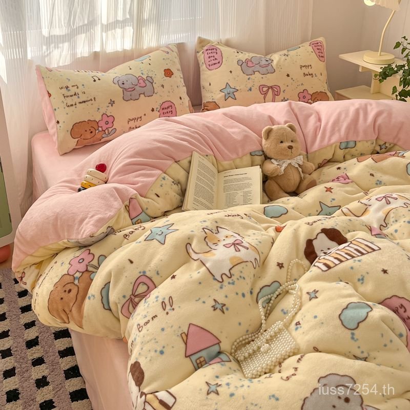 ปลอกผ้านวม ปลอกผ้านวมสองด้าน 150x180x200 Coral Warm ชิ้นเดียวฤดูหนาว Flannel ขนแกะนมหนาหอพัก O3C2