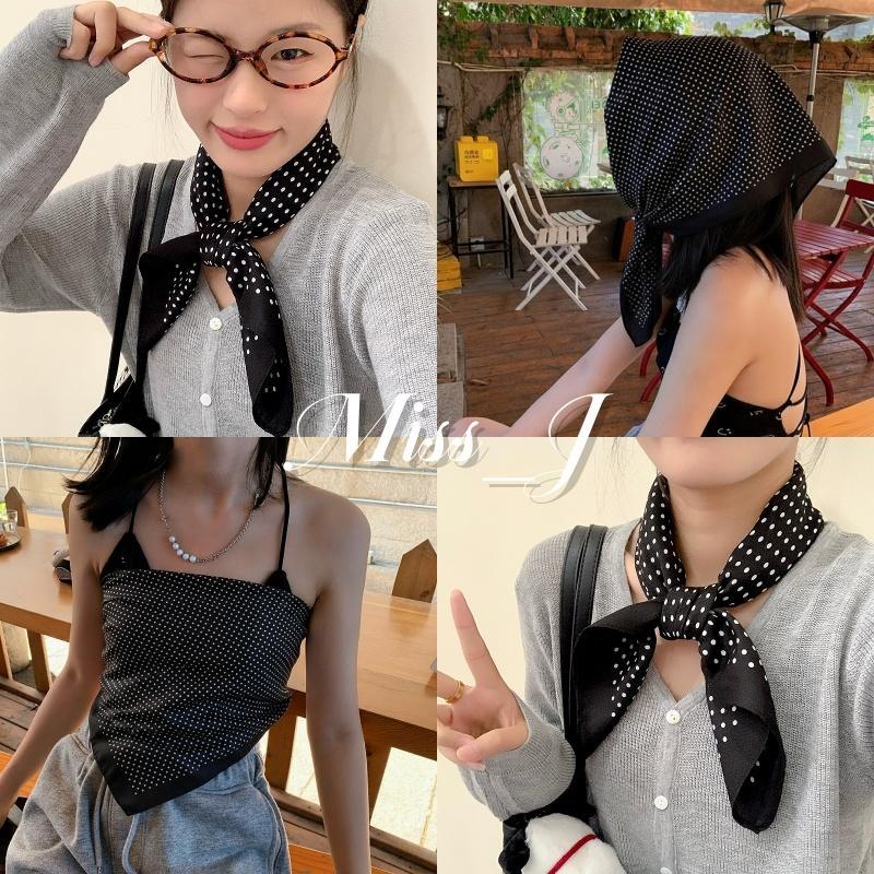 Miss_J พร้อมส่งจากกทม ผ้าคลุมศีรษะผ้าฝ้ายผสมลินินลายจุดสไตล์เกาหลี ขนาด 70*70 ซม. ใช้เป็นเครื่องประดับ ผ้าพันเอว กันลมและให้ความอบอุ่น