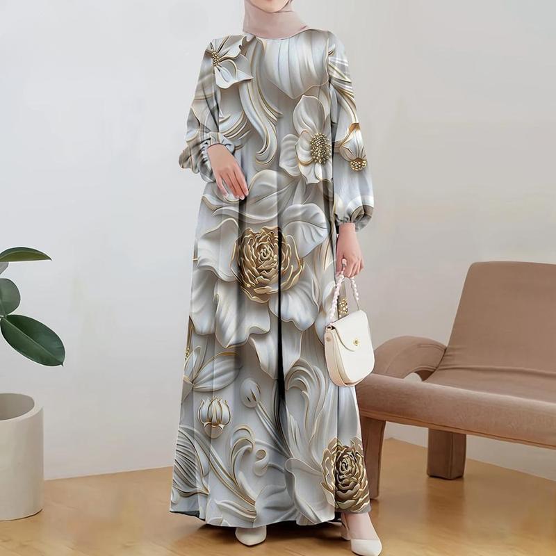 Vintage All-Over 3D พิมพ์หลวมพอดีมุสลิม Maxi Robe แขนยาวนุ่มพร้อม Silhouette สบาย เหมาะสําหรับการรวบรวมวันหยุด, ชุด 2026 Eid