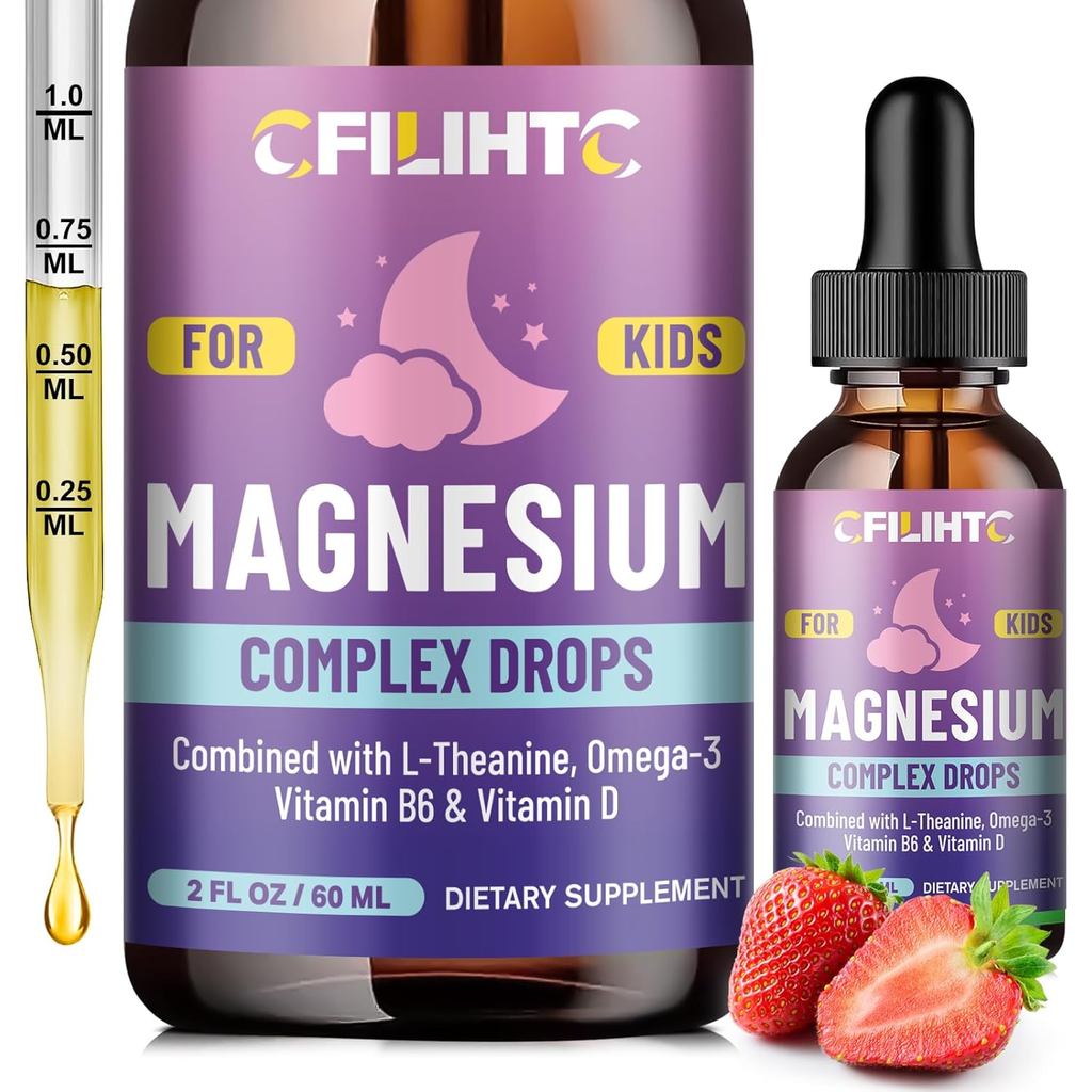 Kids Magnesium Liquid Drops-Magnesium Glycinate Liquid for Kids plement-w/L-theanine, Omega-3, Vitam
