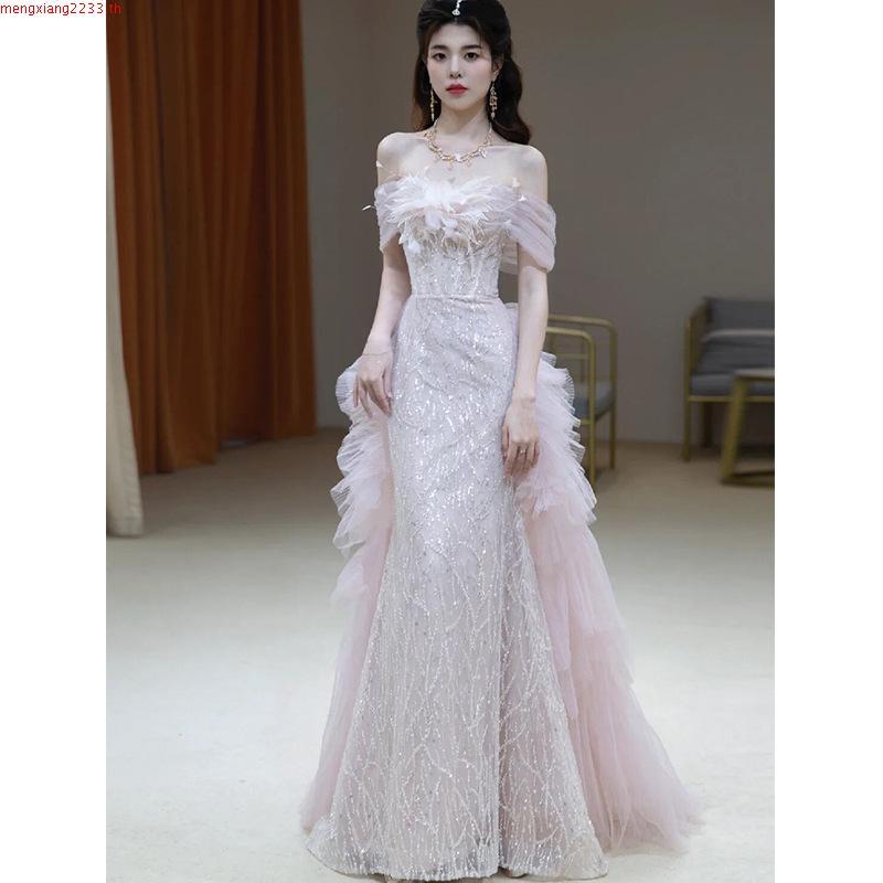 Pdd// [Shop Hot Sale] ชุดราตรี Toast Dress เจ้าสาวไหล่เดียวสีชมพูหมั้นชุดหญิง High-End หรูหรา Niche 