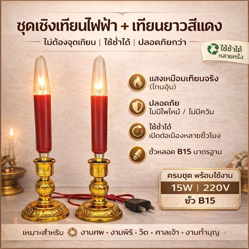 Zeazon ชุด เชิงเทียน ไฟฟ้า พร้อม เทียน ยาว แดง 15W ขั้วเขี่ยว B15 x 2 ดวง สำหรับ ตกแต่งศาลเจ้า