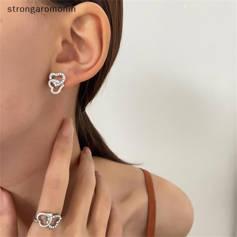 ชุดเครื่องประดับหัวใจ ST 5 ชิ้น: สร้อยคอต่างหูแหวนหัวใจคู่สําหรับผู้หญิงพร้อม Rhinestone ST