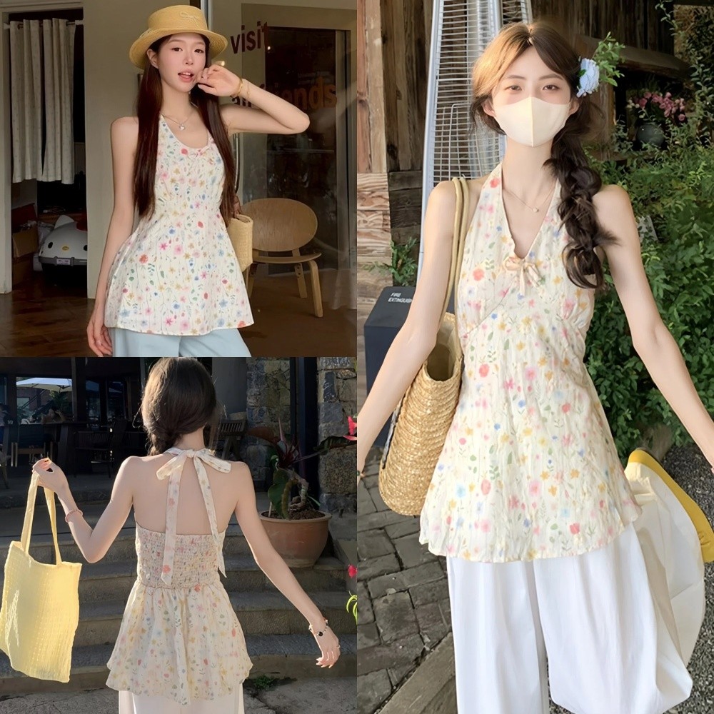 🍓Evelyn🍓กระโปรงผู้หญิง ลายดอกไม้ คล้องคอ เข้ารูป เสื้อแขนกุด สไตล์เกาหลี แฟชั่น ใส่สบาย พร้อมส่งจากไทย