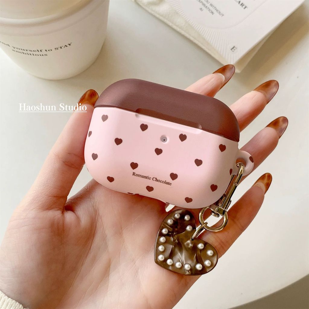สีน้ําตาลหัวใจสีชมพูเหมาะสําหรับ Airpods เคสป้องกัน เคสหูฟัง aipods2 บลูทูธ AirPodspro2 ผลิตภัณฑ์ใหม