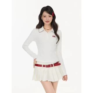 พร้อมส่งจากกทม เสื้อโปโลแขนยาวผู้หญิง ปักลายที่อก กระดุมหน้า ทรงเข้ารูป UMISO