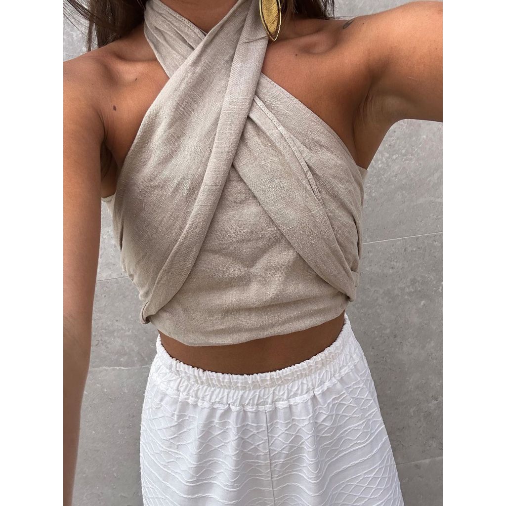 Y2K2023 สตรีแฟชั่นเรียบง่ายทุกการแข่งขันเชือกแขวนคอคอผ้าลินินเสื้อกั๊กด้านบน 8LS27311.21 A1