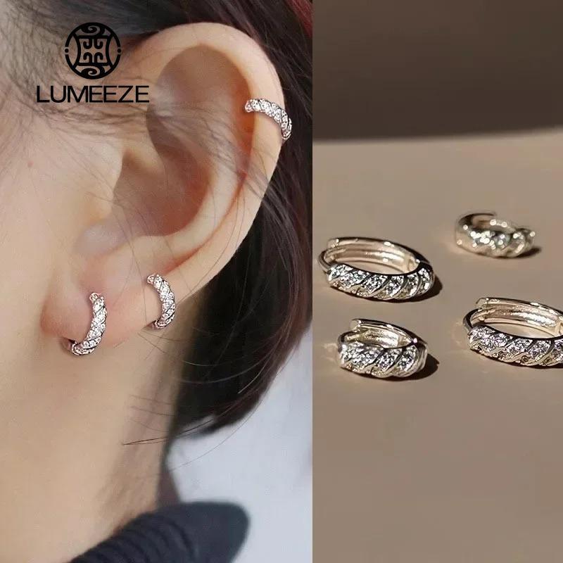 LUMEZE Zircon 6/10 มม.Risted Round Hoop ต่างหูสําหรับผู้หญิงคลาสสิกเครื่องประดับ Fine หรูหราอุปกรณ์เสริม EH7401#