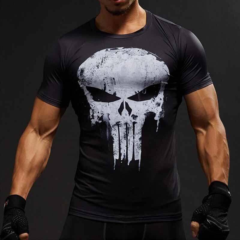 จัดส่งภายใน 24 ชั่วโมงMens Compression Shirt Marvel Hero Punisher Skull 3D Printed Sport ShirtsCOD