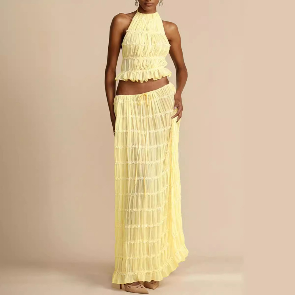 2025 ฤดูใบไม้ผลิและฤดูร้อนใหม่แฟชั่น backless ha 2025春夏新款时尚 露背 ฤดูร้อนชุด带花边背心长套装裙 260126ดีดี