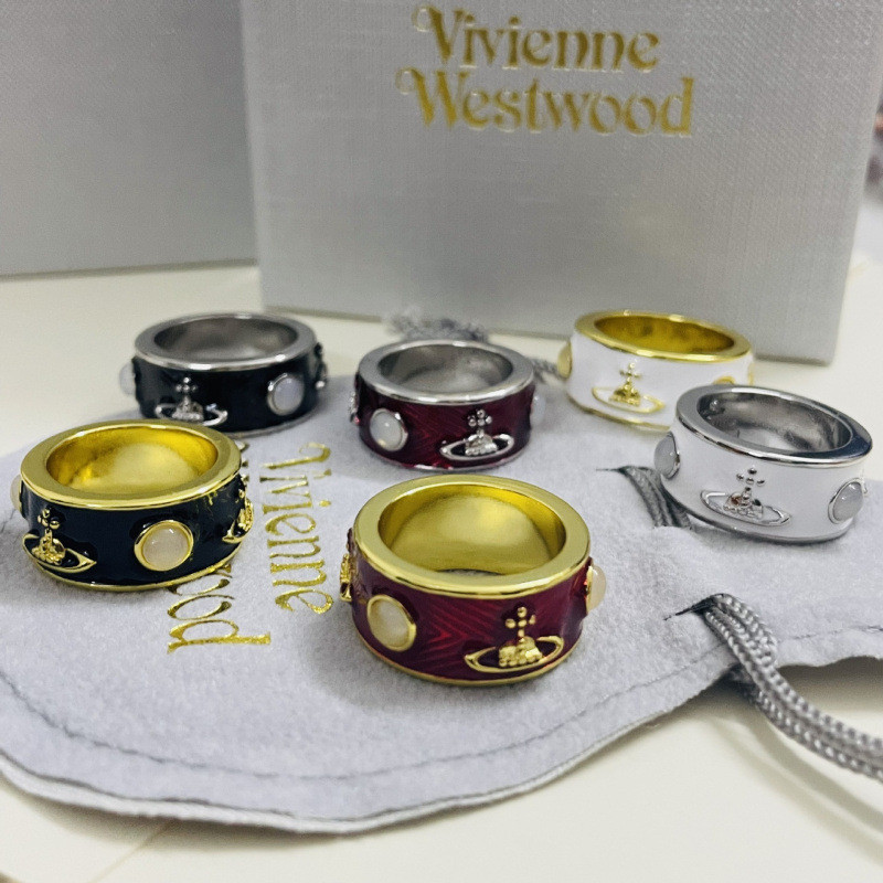 [ที่ต้องการ] Queen West Wide-Faced แหวนโอปอลเคลือบ Vivian Punk Style Saturn King แหวนคู่แบบจําลอง