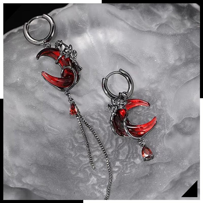 Ady】ต่างหูแบบไม่สมมาตรดวงจันทร์สีแดงสร้อยคอแบบกอธิคประดับพู่ห้อยต่างหูของขวัญ