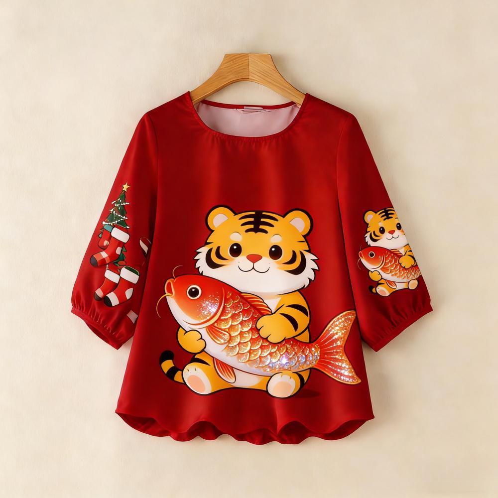 เสื้อตรุษจีน ชุดสตรีจีนสไตล์วินเทจปีใหม่ เสื้อพิมพ์ลายจีนสีแดง แขนสามส่วนหลวมๆ ไซส์พลัสสำหรับผู้หญิง - รูปที่ 5