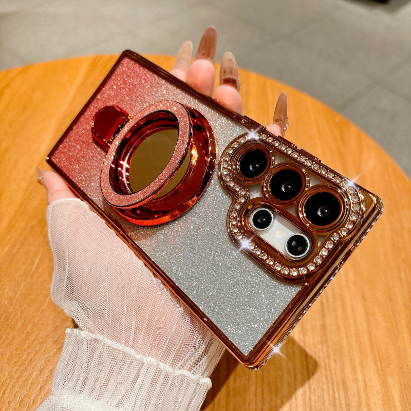 SAMSUNG Luxury Glitter เพชรกระจกแม่เหล็กสําหรับSamsung S26 Ultra Plus S25 FE Edge S25 Ultra S24 S23 S22 Ultra Plusชาร์จไร้สายนุ่มกันกระแทก
