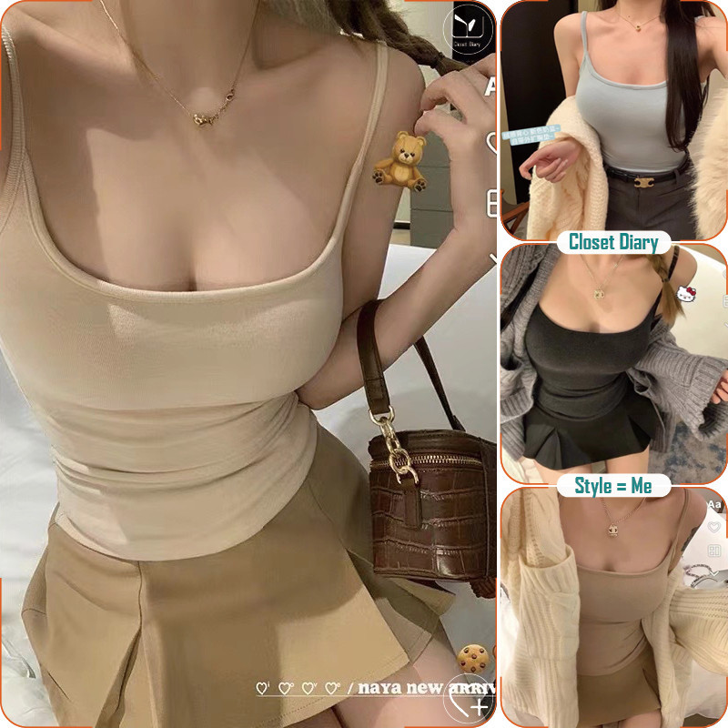 เสื้อสายเดี่ยวผู้หญิง มีฟองน้ำในตัว ยืดหยุ่นสูง ฟอร์มรัดติ้ว สั้นเอว โทนสีเรียบ ใส่ได้หลายแบบ Closet