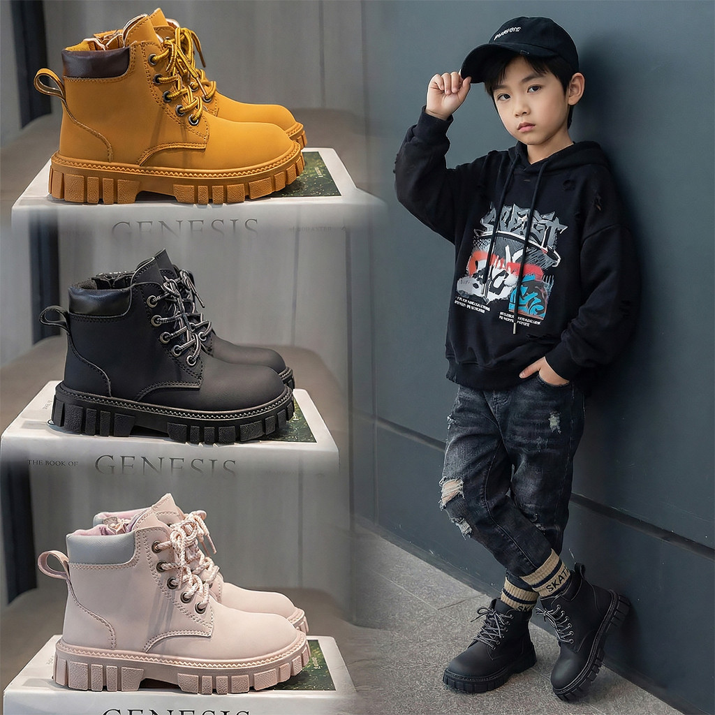 รองเท้าบูทเด็ก รองเท้าบูทมาร์ตินแฟชั่น ทรงเท่สำหรับเด็กชายและหญิง มีซิปข้างสวมง่าย พื้นหนากันลื่น ใส่สบาย ดำ/ชมพู/เหลือง