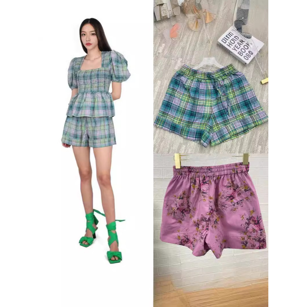 O9AE GANN1 Unique Design Green Plaid Purple Print Elastic Waist Drawstring Straight Casual Pants Spo