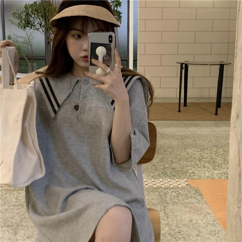 2.3 ฤดูร้อน Preppy สไตล์ 2023 สไตล์ใหม่กองทัพเรือคอปก Slimmer ดูลดอายุทอดถนนหวานสามารถเกลือแขนสั้นชุ